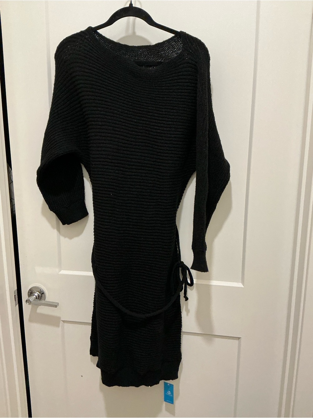 Cupshe Black Ribbed Crewneck Sweater Dress with Tie Waist